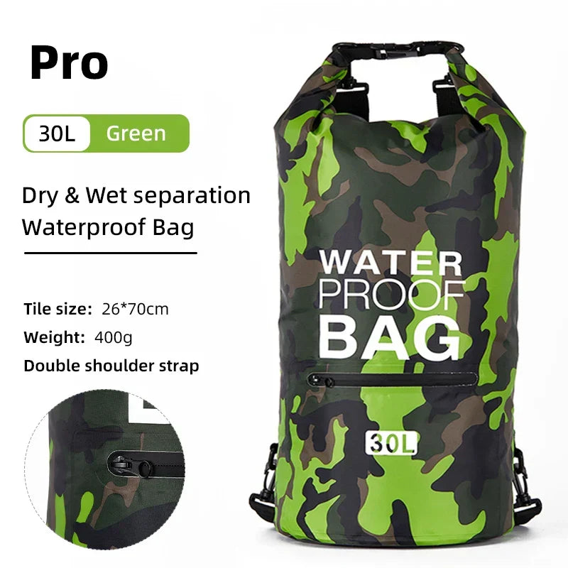 AquaVault unisex waterproof backpack, essential for travel and water sports. Features wet/dry pockets.