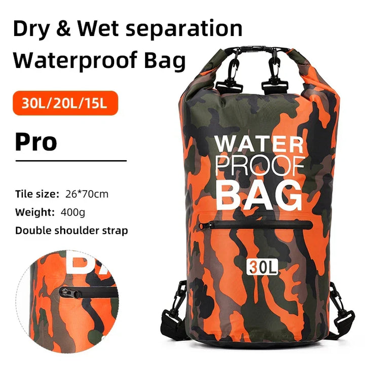 AquaVault waterproof dry bag backpack with wet/dry compartment. Durable outdoor gear for kayaking, beach.