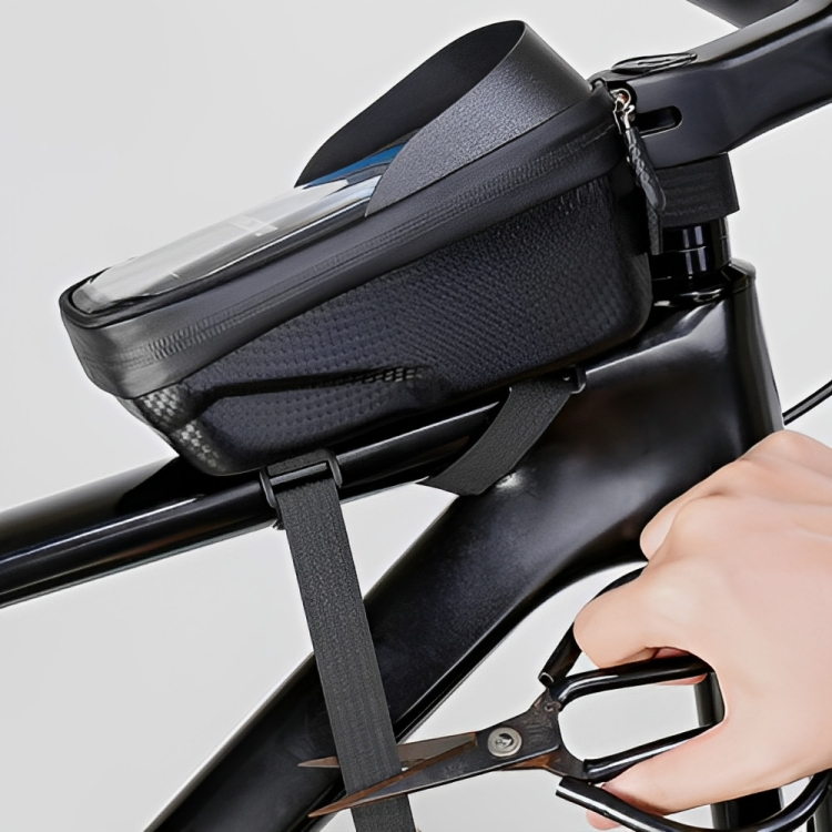 Unisex waterproof bike frame bag with integrated touchscreen phone holder for cycling, road, and mountain biking.