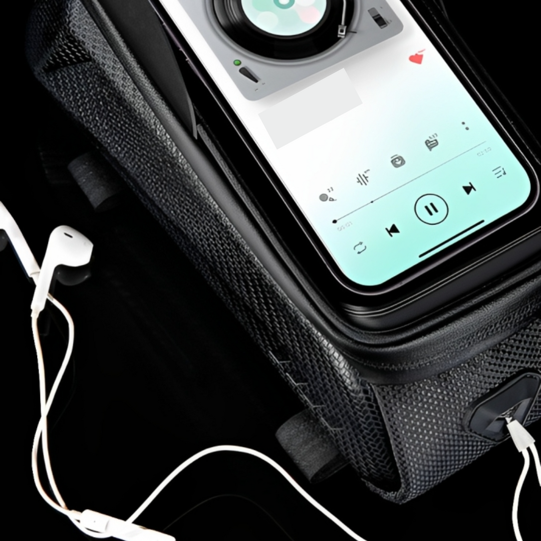 Waterproof bike frame bag mounted on a bicycle, providing convenient storage and phone access for all bike gear.