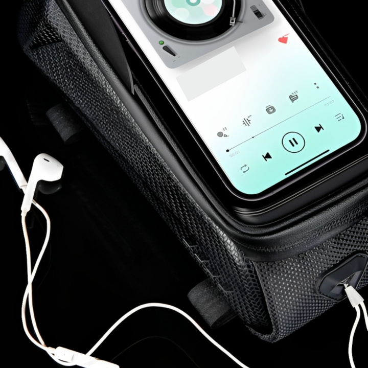 Waterproof bike frame bag mounted on a bicycle, providing convenient storage and phone access for all bike gear.