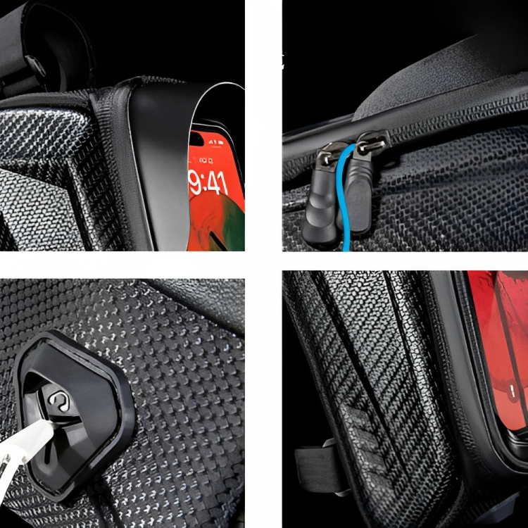 Detail of CarbonRide bike frame bag showing waterproof zipper, reflective accents, and secure hook-and-loop fasteners.