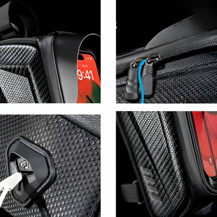 Detail of CarbonRide bike frame bag showing waterproof zipper, reflective accents, and secure hook-and-loop fasteners.
