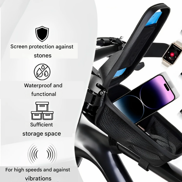 Versatile waterproof frame bag for bikes, suitable for road, mountain, and urban cycling, with a handy phone holder.