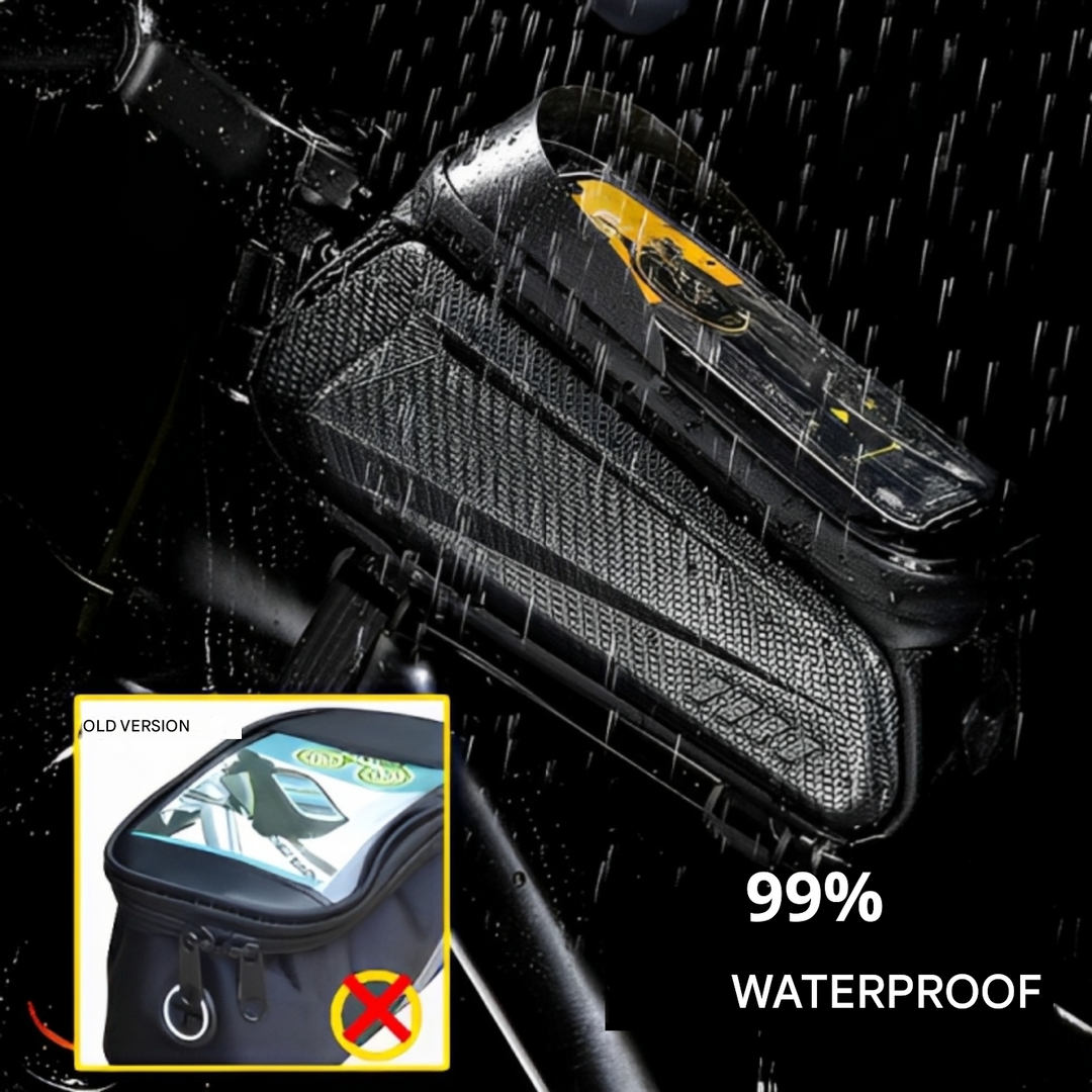 Protect your phone & gear with this waterproof bike frame bag, featuring a touchscreen holder, ideal for all cycling types.