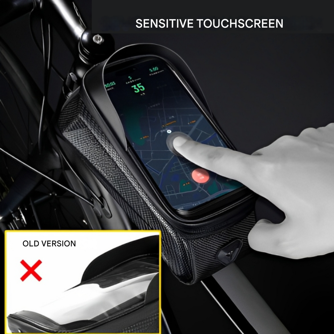 Black unisex waterproof bike frame bag with clear phone window, perfect accessory for secure cycling storage and navigation.