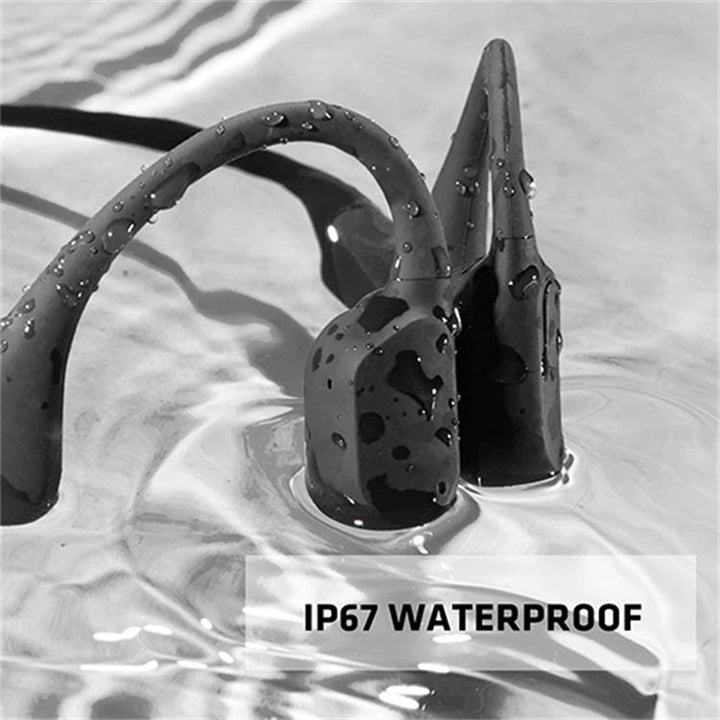 Wireless Bluetooth bone conduction headphones, open-ear design, waterproof for active use.