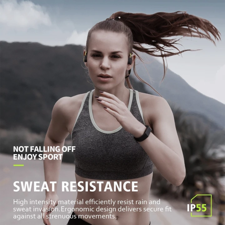 Lightweight open-ear bone conduction headphones, wireless Bluetooth, waterproof for running safety.