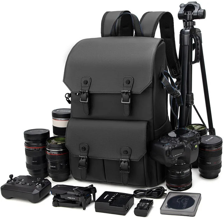 Unisex waterproof camera shoulder bag in black, side view, showing large capacity for photography gear.