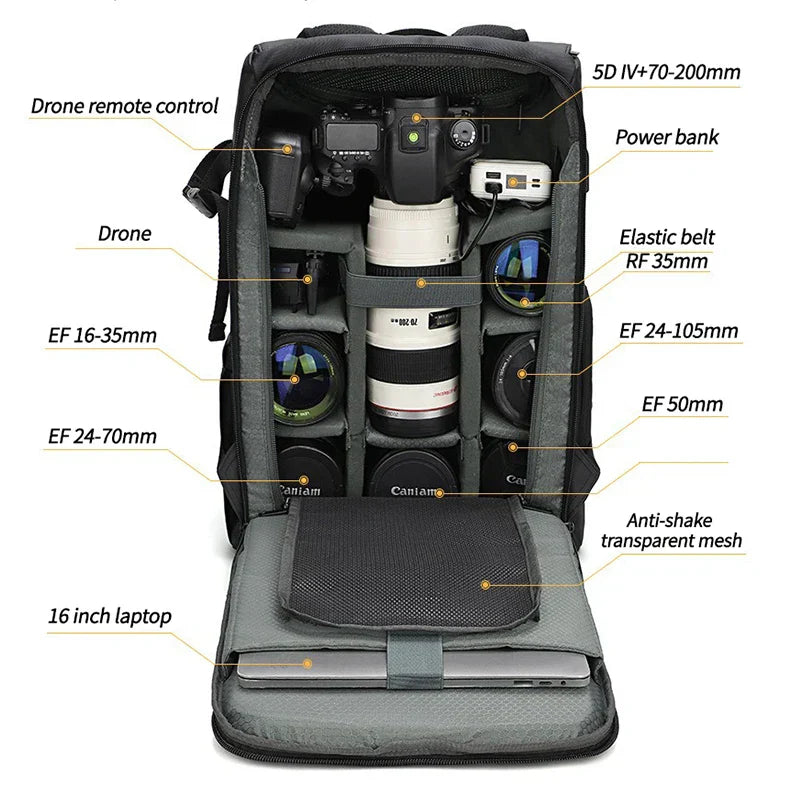 Front view of black waterproof camera shoulder bag for photographers with adjustable strap and anti-theft design.