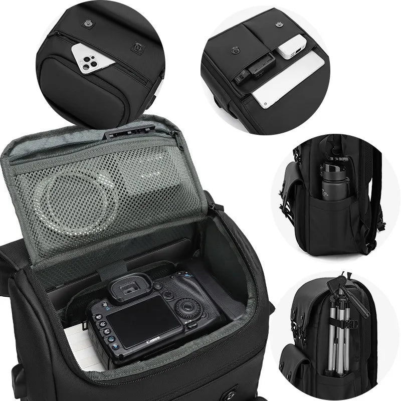 Open waterproof camera shoulder bag revealing padded compartments for lens and camera body, perfect for travel.