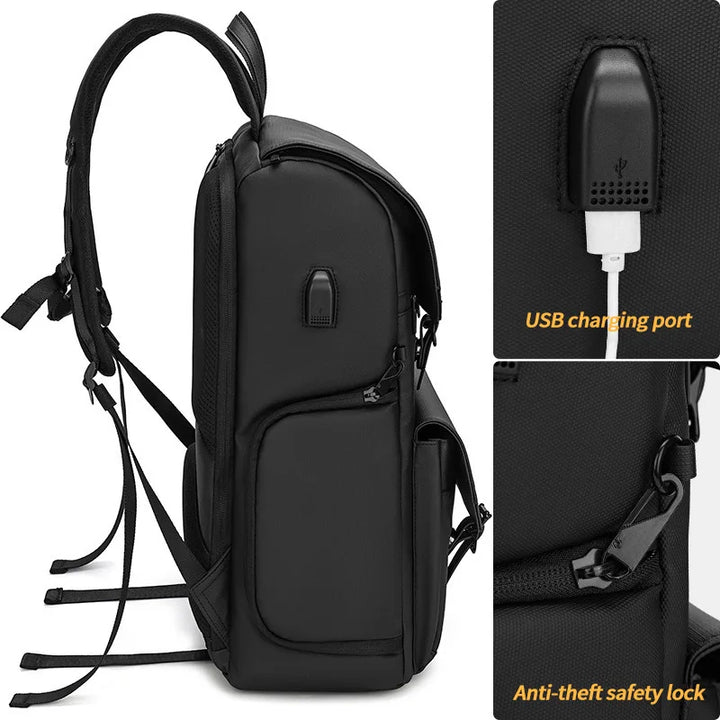 Photographer wearing a black unisex waterproof camera shoulder bag comfortably across the body, outdoor setting.