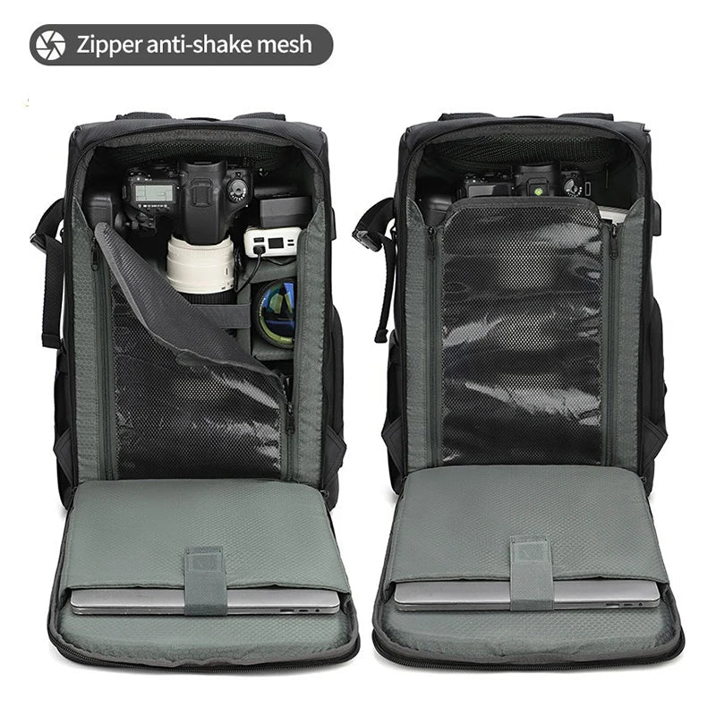 Close-up of the durable, waterproof material and sturdy zippers on the camera shoulder bag, ideal for all weather.