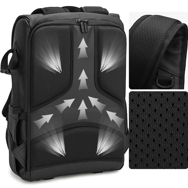 Unisex camera large capacity shoulder bag showcasing multiple pockets for accessories, backpack style alternative.