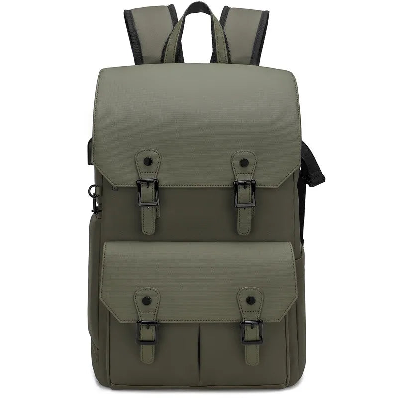 Black unisex waterproof camera bag with anti-theft features on a travel backdrop, suitable for outdoor photography.