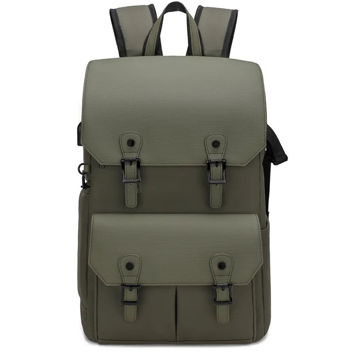 Black unisex waterproof camera bag with anti-theft features on a travel backdrop, suitable for outdoor photography.