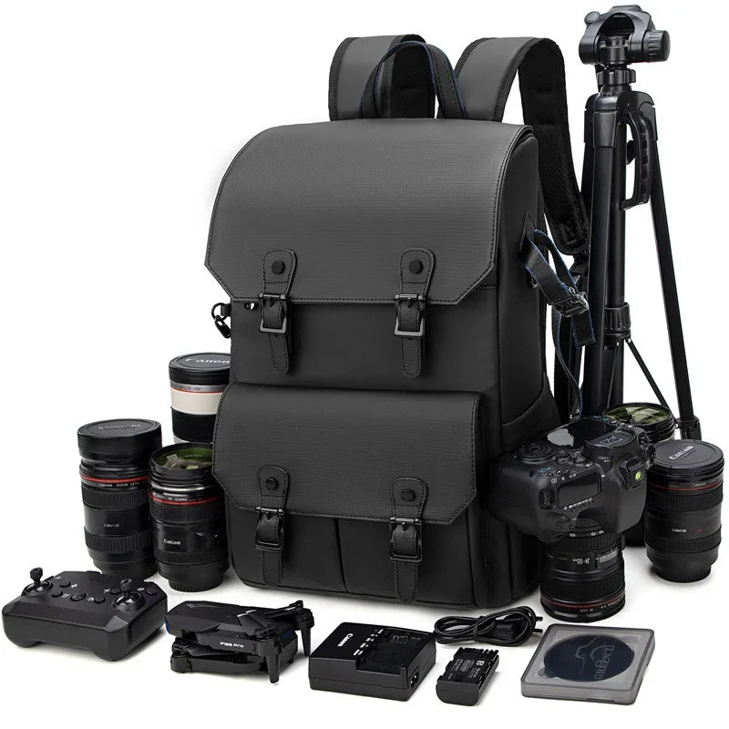 Unisex waterproof camera shoulder bag with large capacity, black, front view, for photography gear