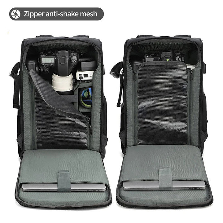 Close-up of the waterproof material and secure buckles on the unisex camera shoulder bag, for photography gear