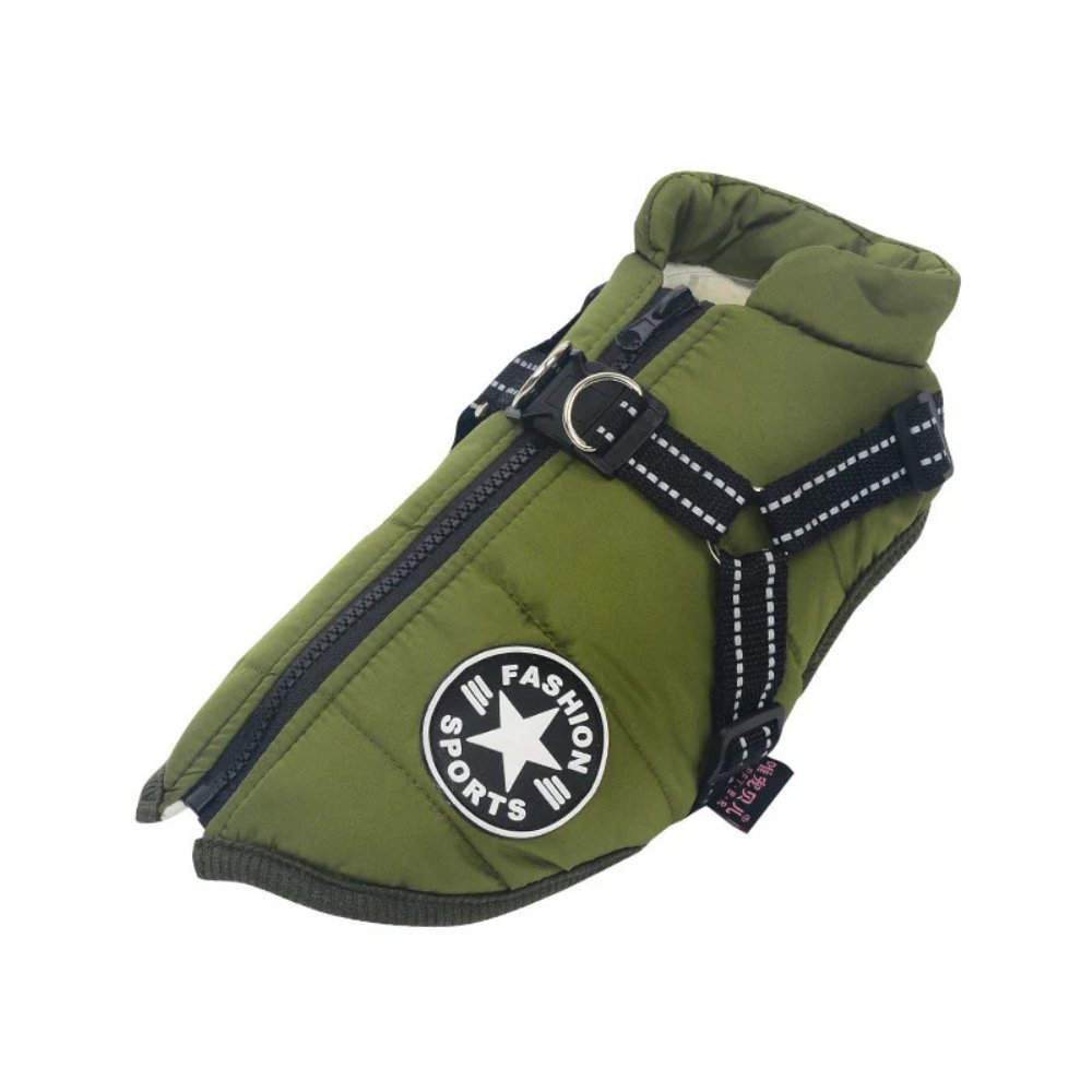 Functional pet apparel: a waterproof dog coat with integrated harness for easy, secure, all-weather outdoor adventures.