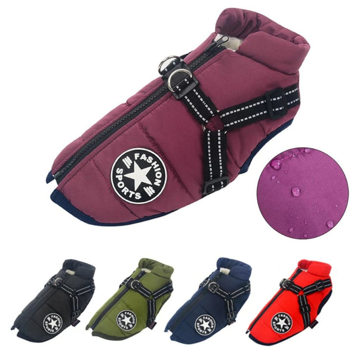 Protective dog gear: a unisex waterproof dog vest with built-in harness, perfect for safe outdoor cold weather walks.