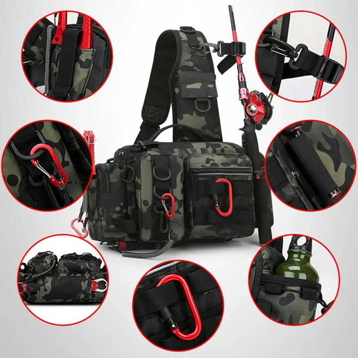 Khaki waterproof fishing waist pack, durable gear bag for tackle, adjustable outdoor use.
