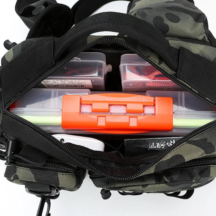 Black waterproof fishing waist pack, versatile tackle bag, durable outdoor gear storage.