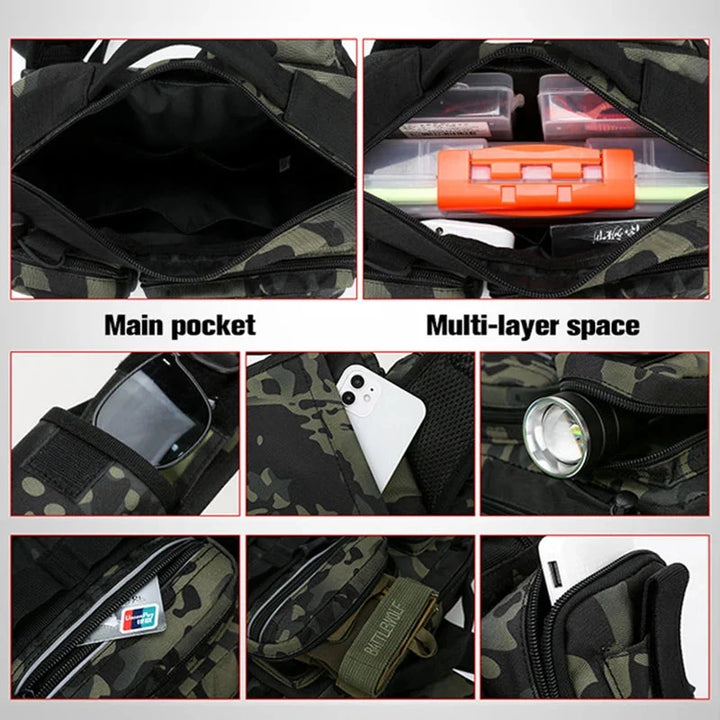 Camouflage waterproof fishing waist pack, durable tackle gear bag with adjustable strap.