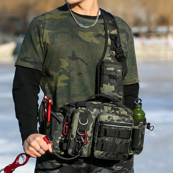 Durable waterproof fishing waist pack, ideal gear bag for anglers, comfortable & adjustable.