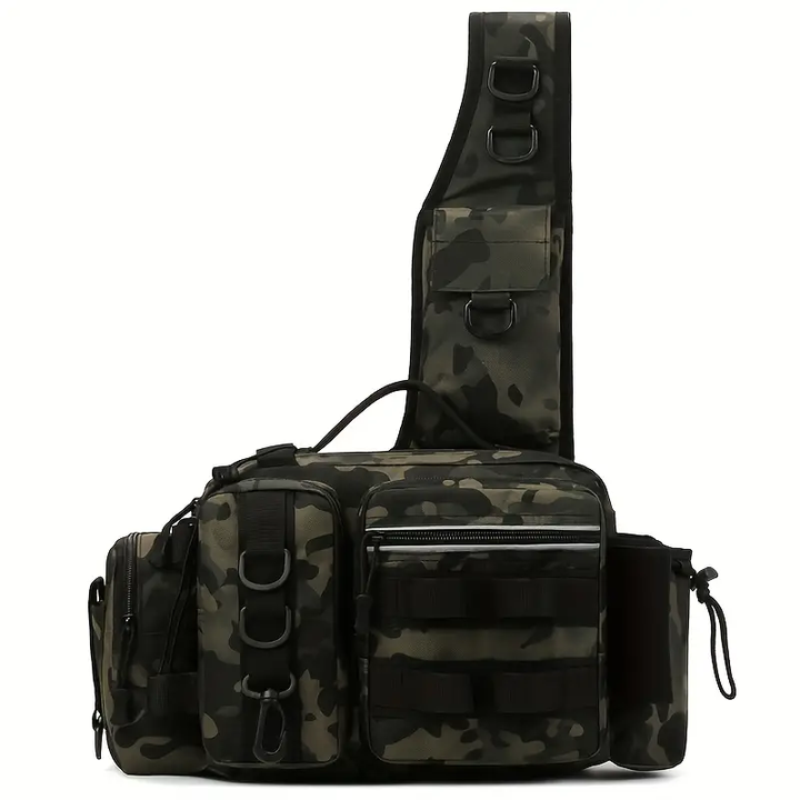 Waterproof fishing tackle waist pack, durable gear bag for essentials, adjustable for outdoor use.
