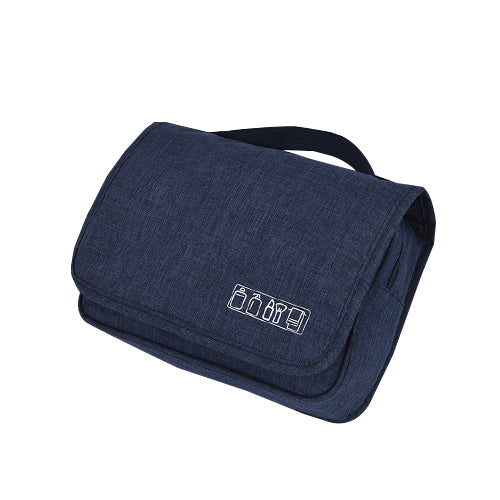 Hanging toiletry bag for travel, emphasizing its robust design and suitability for all genders.