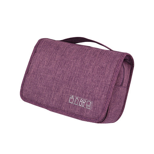 Hanging toiletry bag organizer, ideal for travel, with various pockets for cosmetics and toiletries.