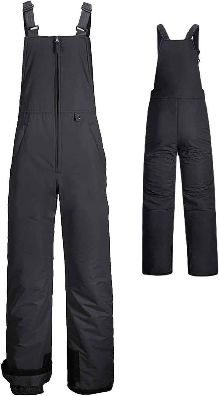 Unisex waterproof insulated snowboarding ski bibs in black, front view, for cold weather.