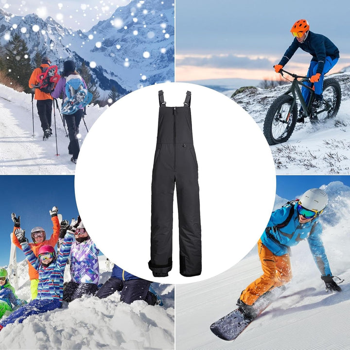 Detail of adjustable straps and pockets on unisex waterproof insulated snowboarding bibs, black.
