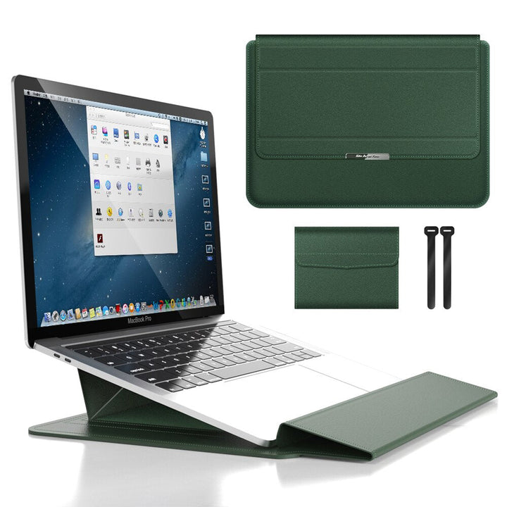 Portable laptop sleeve and stand for travel & WFH. Features wrist support, waterproof & shockproof design.