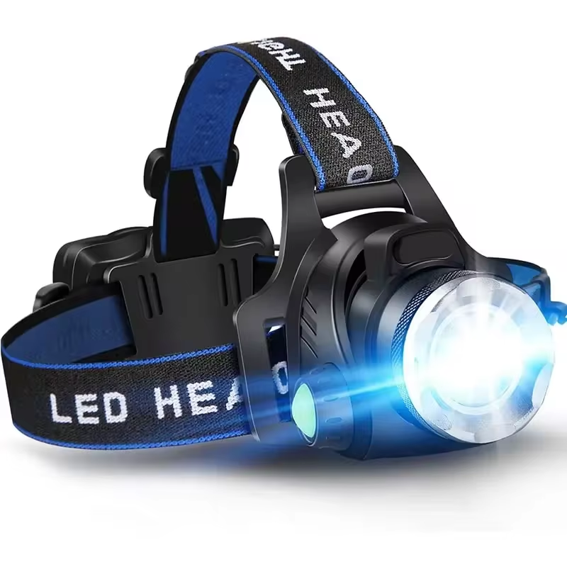 Unisex waterproof LED headlamp with zoom function for camping and hiking, rechargeable battery