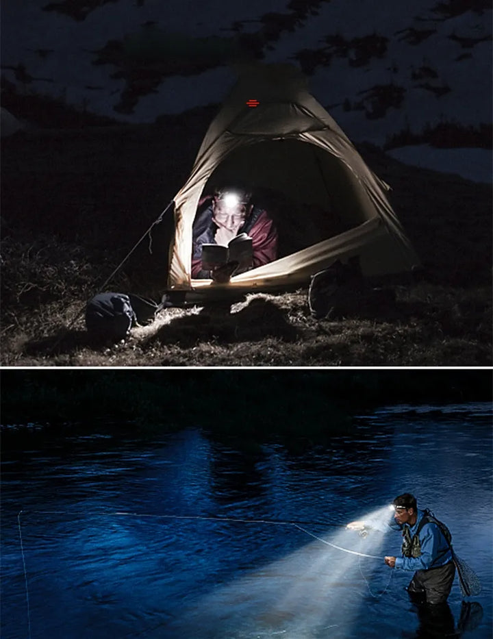 Rechargeable camping headlamp, unisex and waterproof, providing bright LED illumination with zoom