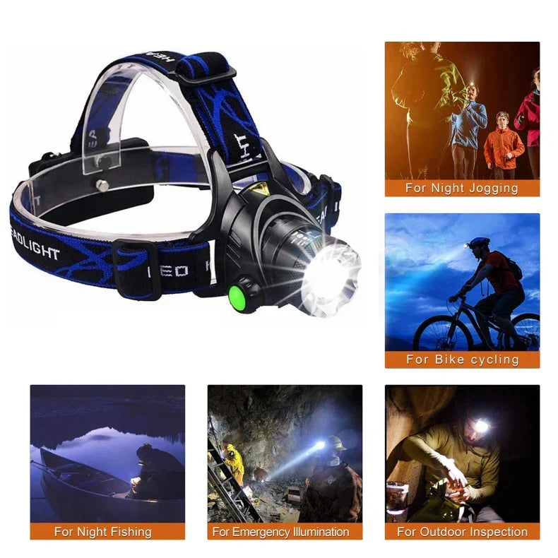 Unisex LED headlamp, waterproof and rechargeable, perfect for hiking and camping with zoom feature
