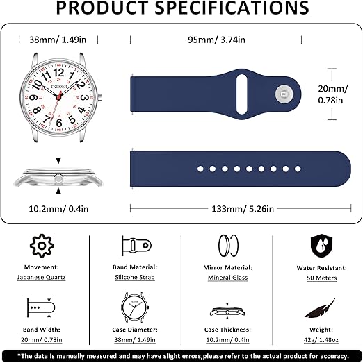 Unisex student watch with glowing dial, waterproof, military time option, practical medical accessory.