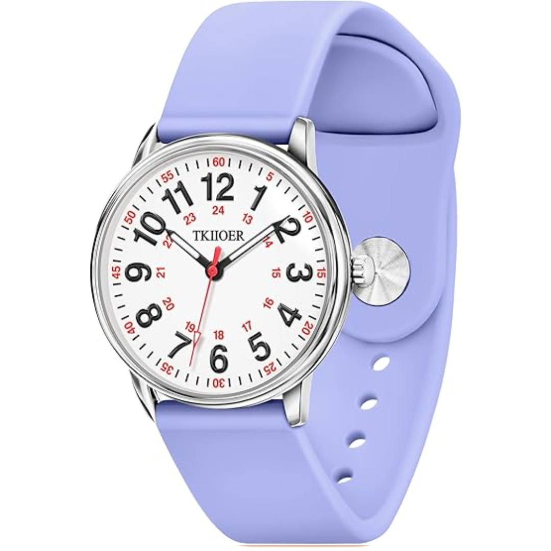Waterproof nurse watch shown on wrist, luminous for night shifts, sleek design, professional medical gear.