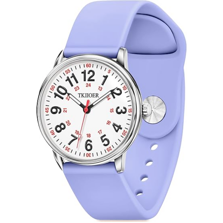 Waterproof nurse watch shown on wrist, luminous for night shifts, sleek design, professional medical gear.