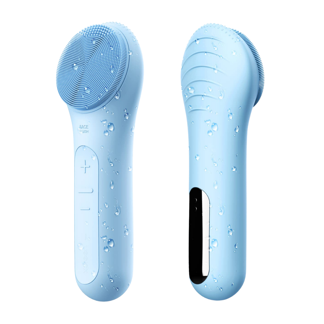 Close-up of silicone bristles on a waterproof rechargeable facial cleansing brush, ideal for skin care.