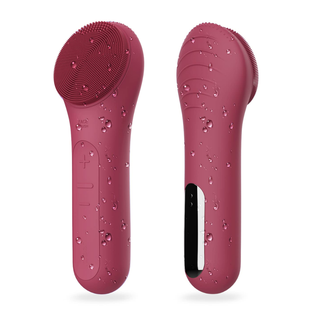 Rechargeable facial cleansing brush in a bathroom setting, highlighting its waterproof feature and beauty tool use.