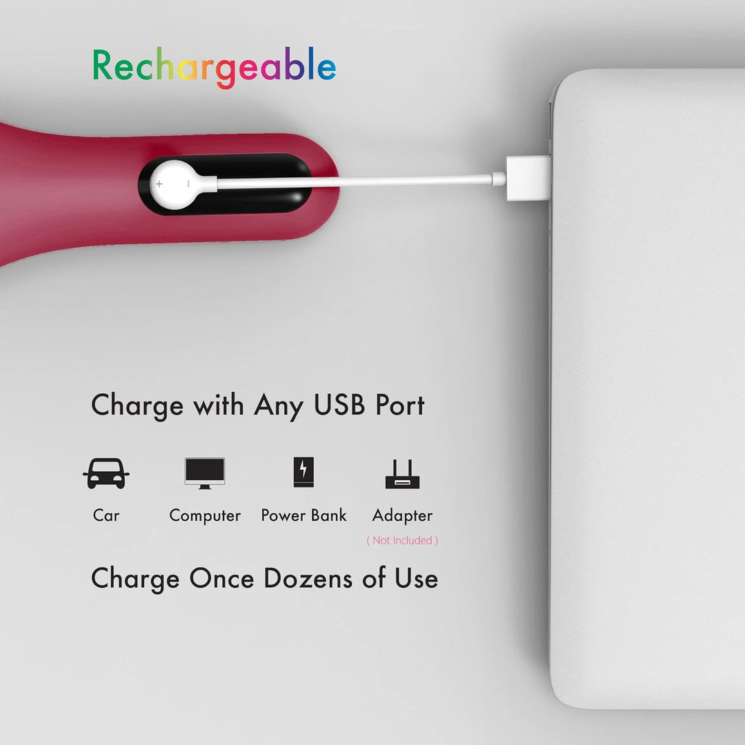 Waterproof rechargeable facial cleansing brush with its charging cable, emphasizing its convenient rechargeability.