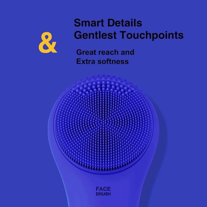 Facial cleansing brush, waterproof and rechargeable, shown in motion to illustrate its vibrating cleaning action.