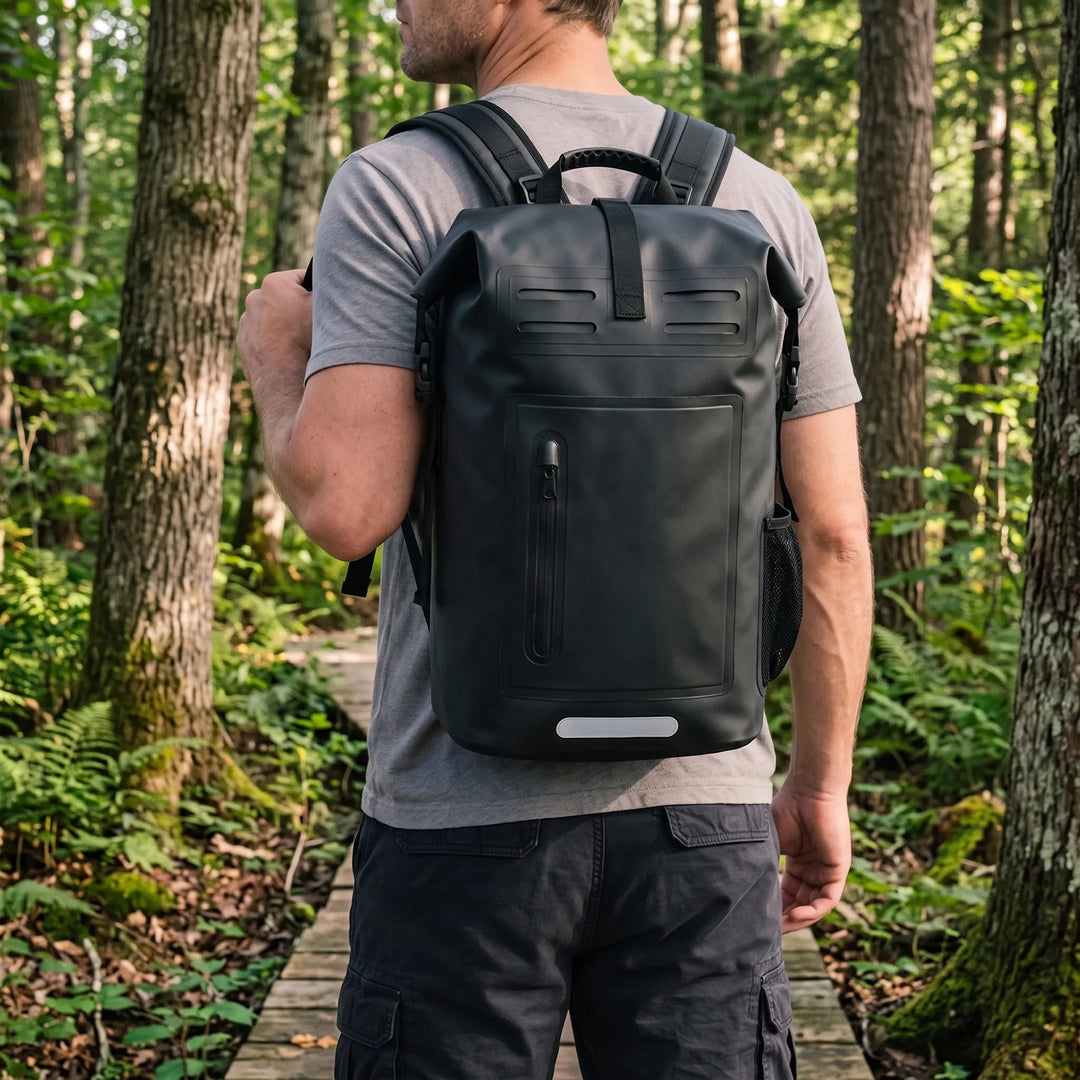 Unisex waterproof roll top backpack, perfect for outdoor adventures, hiking, camping, and travel. Durable dry bag design.