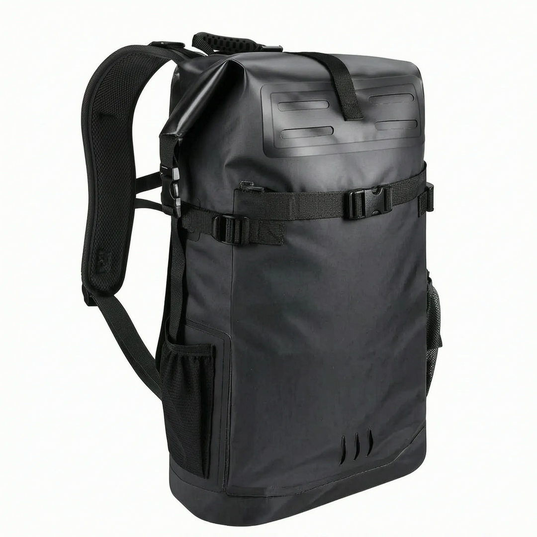 Robust dry bag backpack with roll top closure, ideal for kayaking, hiking, and all outdoor adventures. Unisex design.