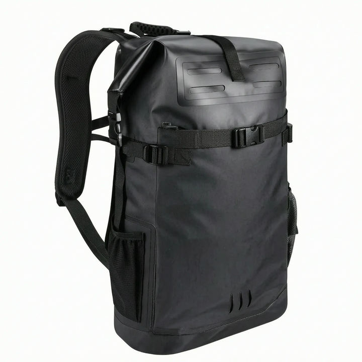 Robust dry bag backpack with roll top closure, ideal for kayaking, hiking, and all outdoor adventures. Unisex design.