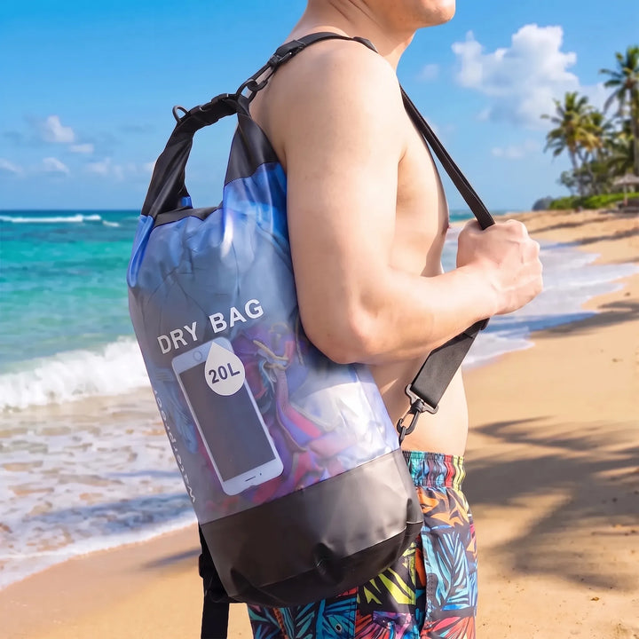 Roll-top dry bag, essential outdoor gear for camping, hiking, boating, and travel protection.