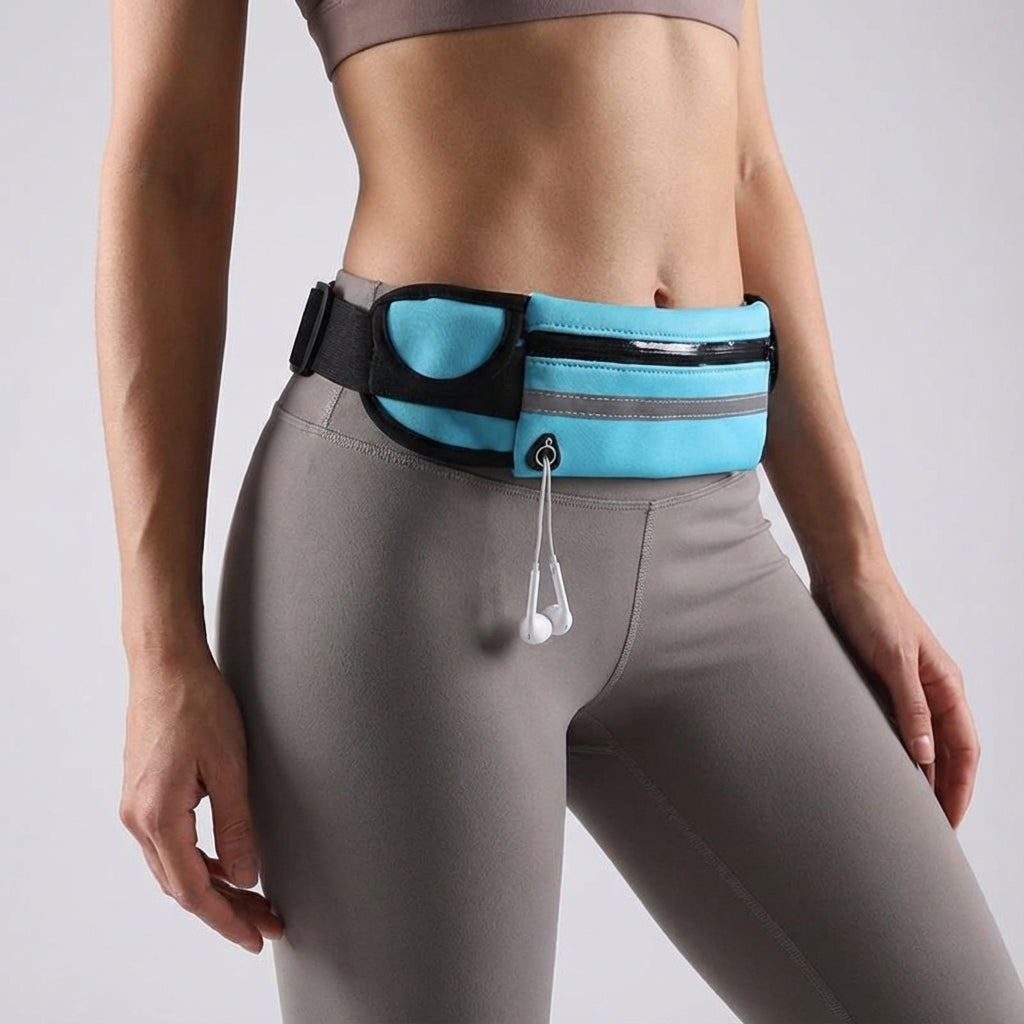 Close-up of a black waterproof sport waist pack, perfect for running, with secure zipper