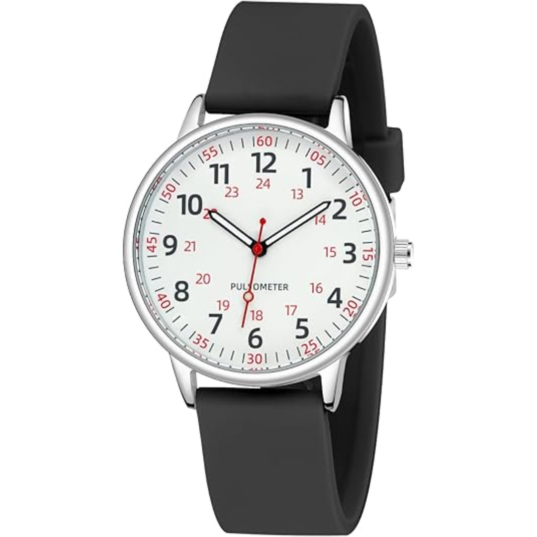 Detail of waterproof silicone fob watch's sturdy pin attachment, secure medical accessory